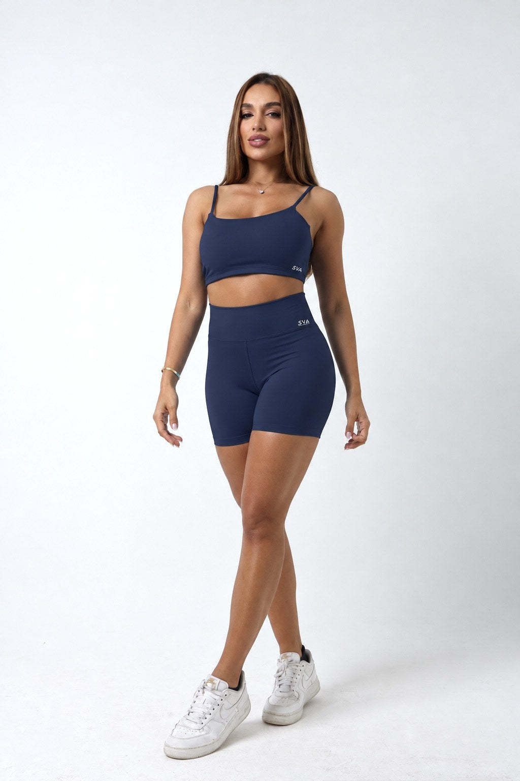 Shorts Basic e Cropped Thaís Azul Marinho - moda fitness SVA - frente inteira